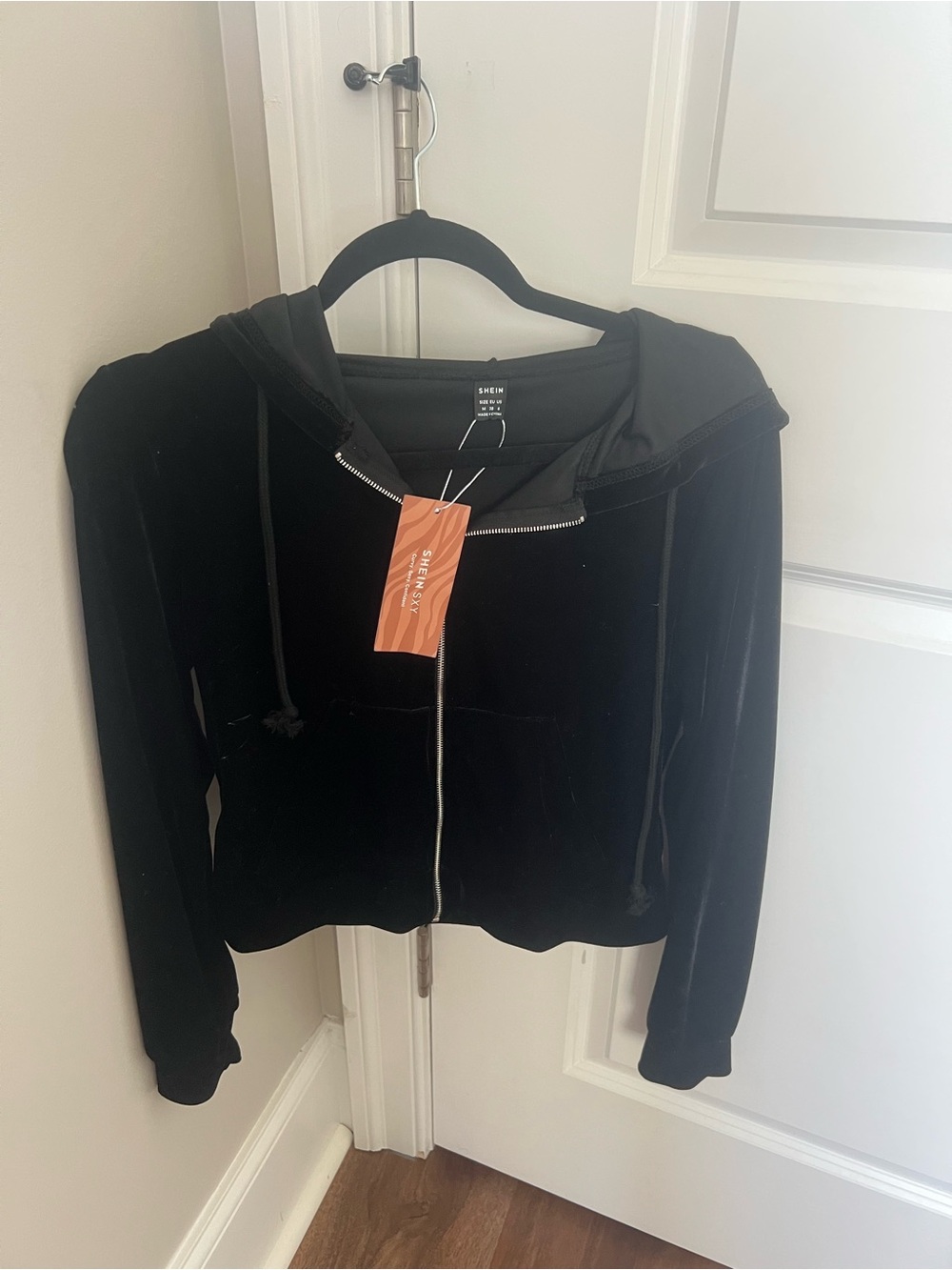 SHEIN Black Velvet Zip Hoodie with Drawstrings